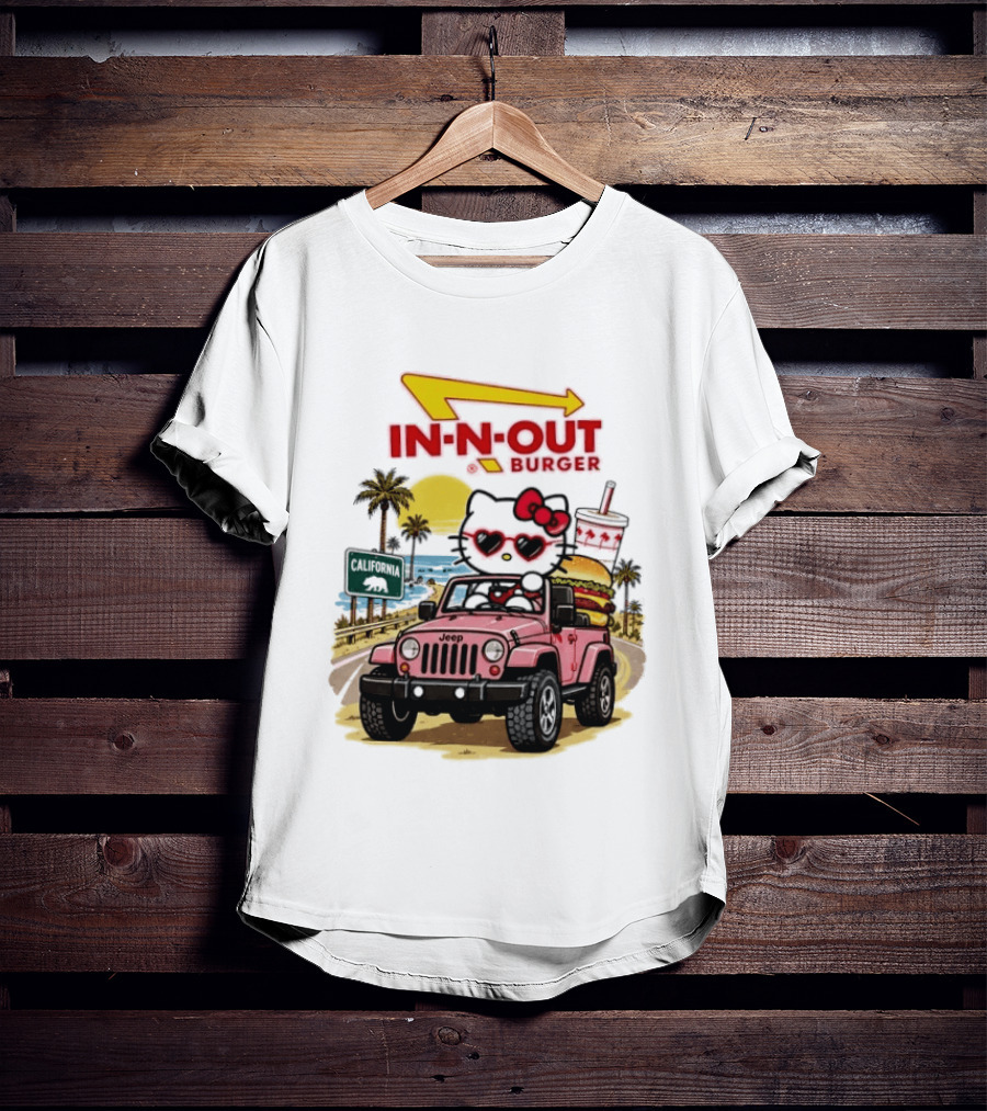 Hello Kitty In Pink Jeep With In N Out Burger California Adventure T-Shirt