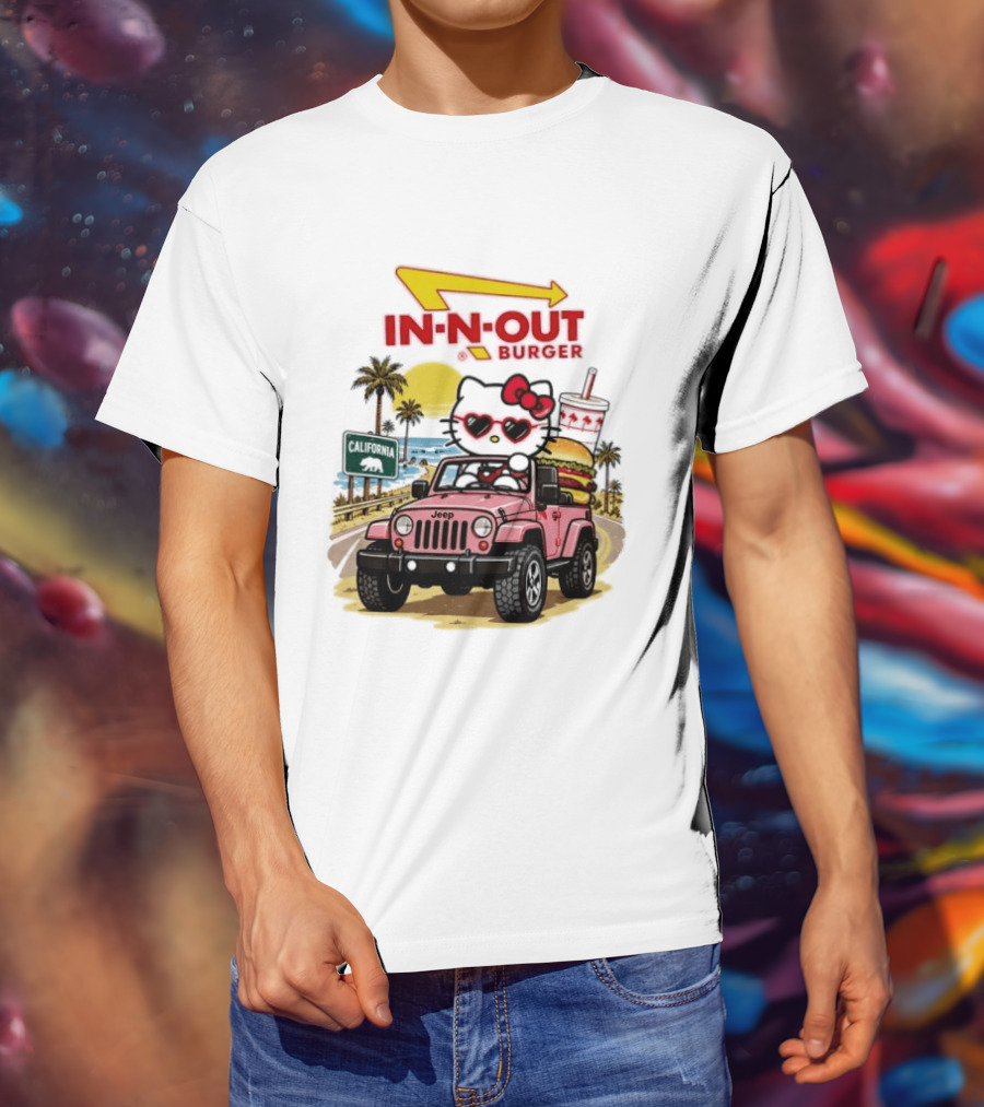 Hello Kitty In Pink Jeep With In N Out Burger California Adventure T-Shirt
