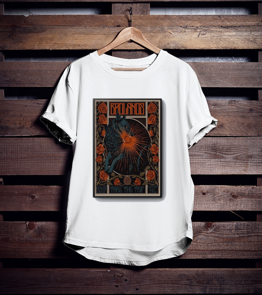 BADLANDS Festival Aug 20 22 2027 Take The Trip Stokterweg 14 Lottum Netherlands Retro Wolf And Roses T-Shirt
