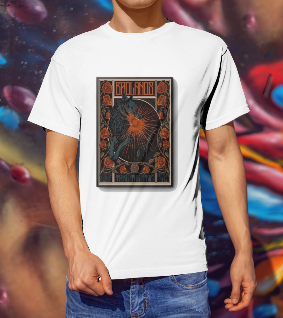 BADLANDS Festival Aug 20 22 2027 Take The Trip Stokterweg 14 Lottum Netherlands Retro Wolf And Roses T-Shirt