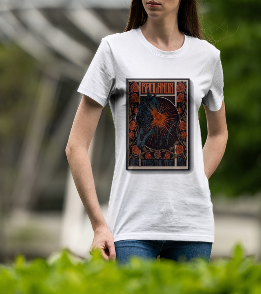 BADLANDS Festival Aug 20 22 2027 Take The Trip Stokterweg 14 Lottum Netherlands Retro Wolf And Roses T-Shirt