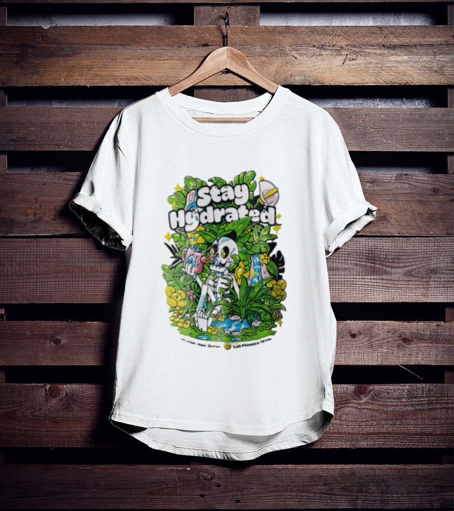Stay Hydrated Quirky Skeleton Watering Lush Greenery And Flowers T-Shirt
