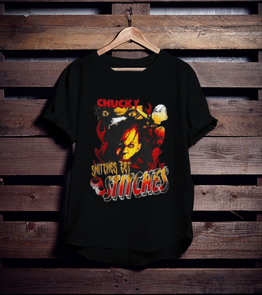 Chucky Snitches Get Stitches Horror Doll With Knife And Eyeballs T-Shirt