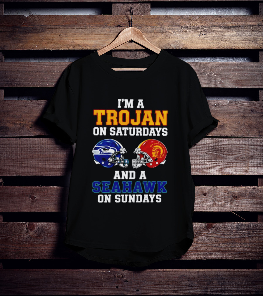 I'm A Trojan On Saturdays And A Seahawk On Sundays Football Helmets T-Shirt