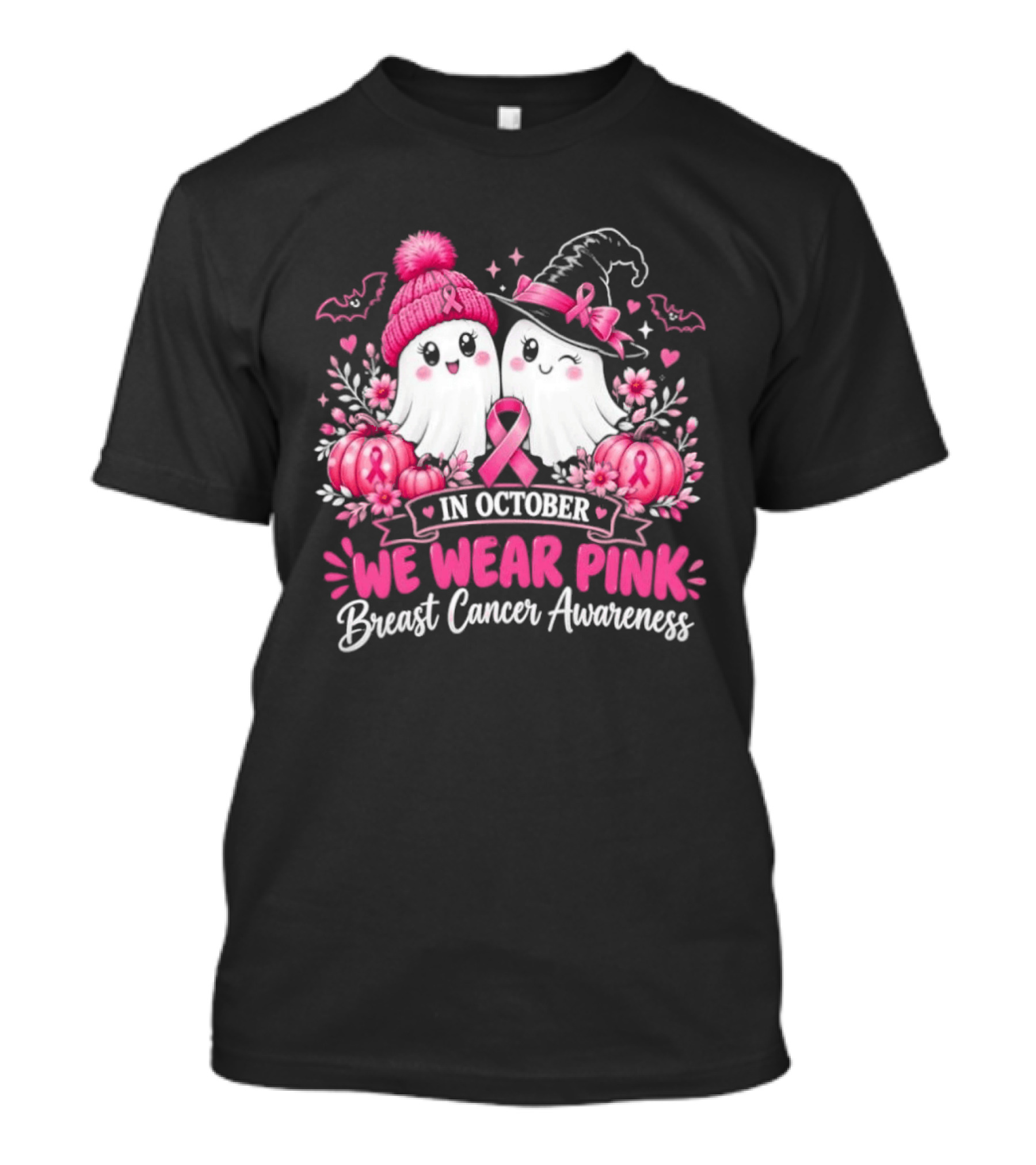 In October We Wear Pink Breast Cancer Awareness Ghost Pumpkin Witch T-Shirt