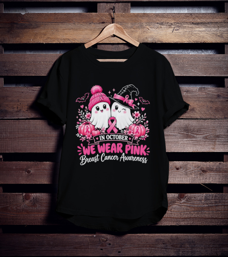 In October We Wear Pink Breast Cancer Awareness Ghost Pumpkin Witch T-Shirt