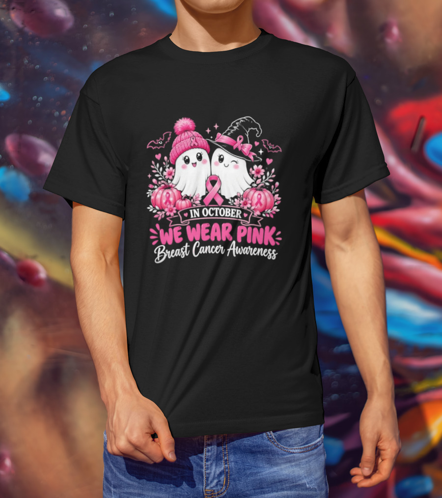 In October We Wear Pink Breast Cancer Awareness Ghost Pumpkin Witch T-Shirt