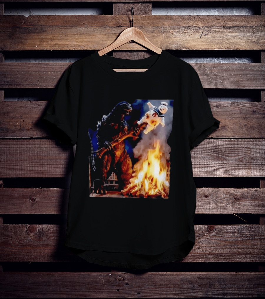 Kaiju Campfire Godzilla Holding Stay Puft Marshmallow Man T-Shirt
