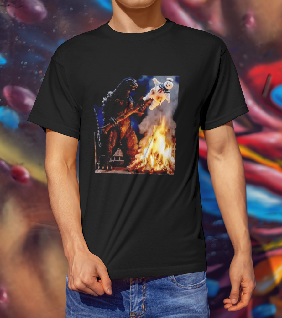 Kaiju Campfire Godzilla Holding Stay Puft Marshmallow Man T-Shirt