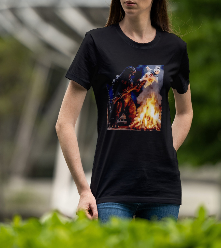 Kaiju Campfire Godzilla Holding Stay Puft Marshmallow Man T-Shirt