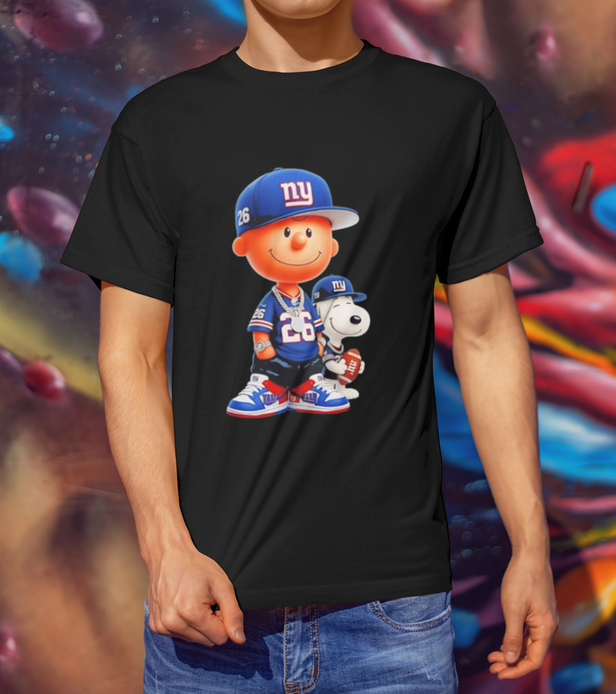 Peanuts Characters In New York Giants Team Sportswear T-Shirt