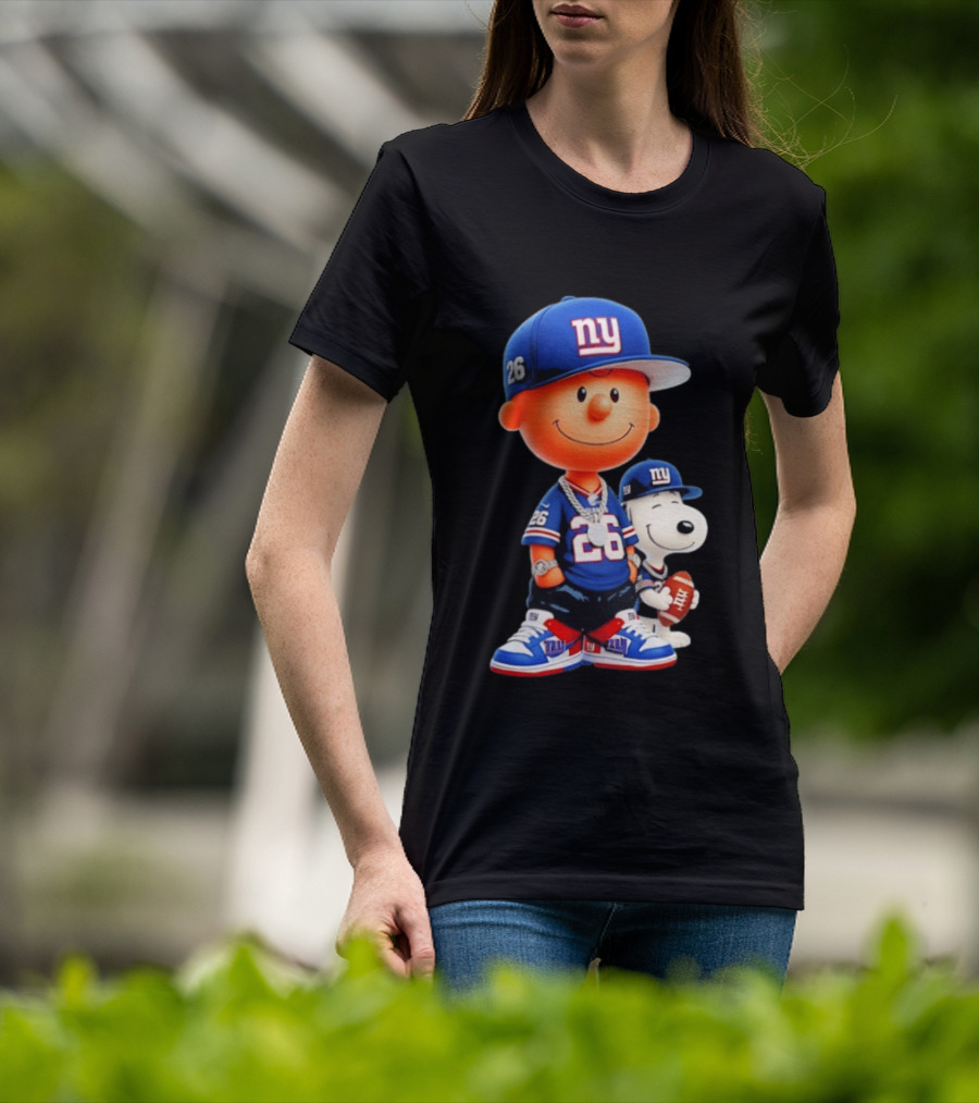 Peanuts Characters In New York Giants Team Sportswear T-Shirt