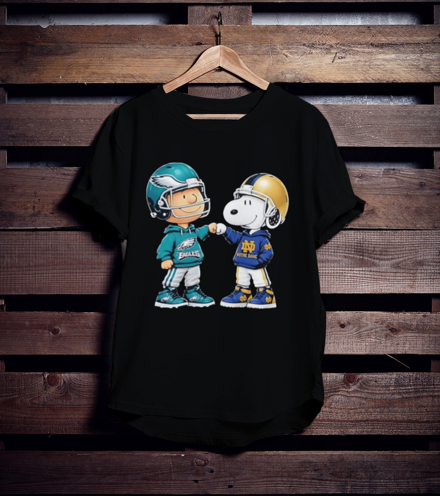 Peanuts Characters In Philadelphia Eagles Vs Notre Dame Fighting Irish Helmets T-Shirt