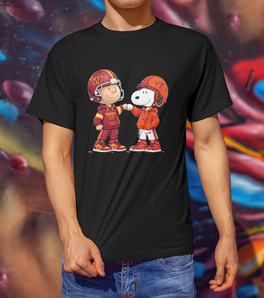 Peanuts Snoopy Charlie Brown Washington Commanders Virginia Tech Hokies Collaboration Fist Bump T-Shirt