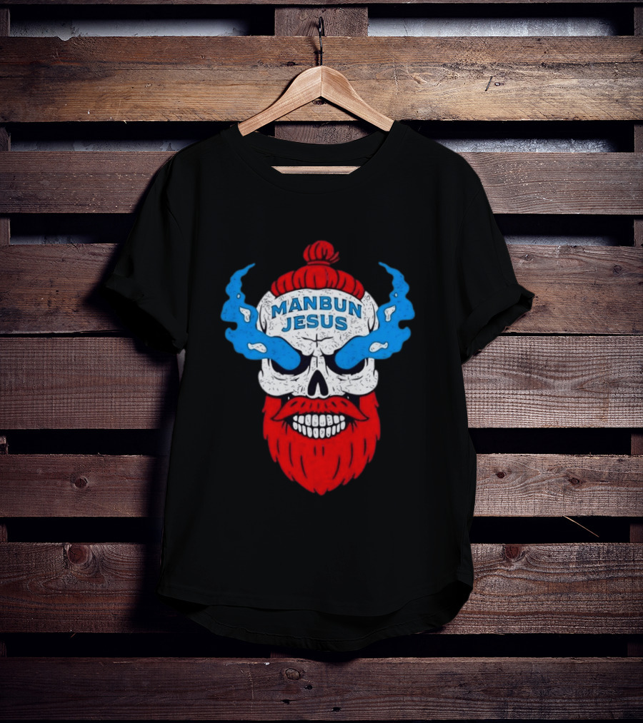 Manbun Jesus Skull Blue Flames Red Beard T-Shirt