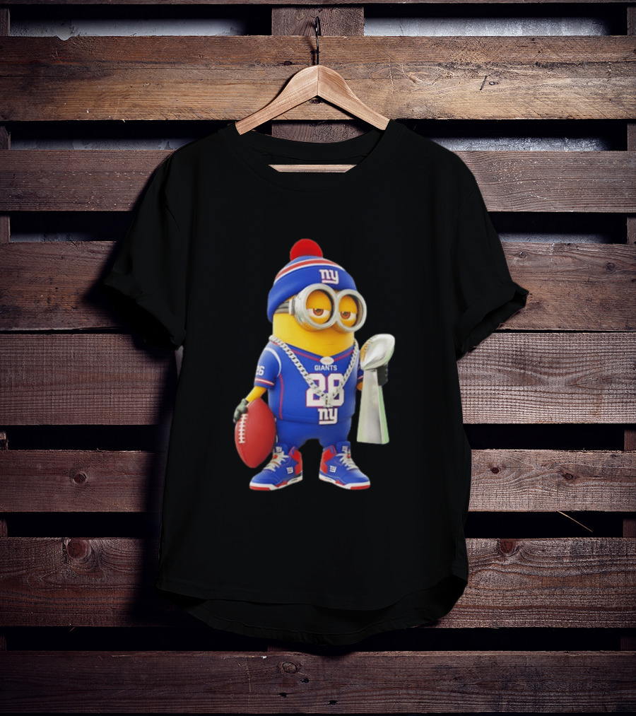 Minion In New York Giants Jersey With Football Trophy And Beanie T-Shirt