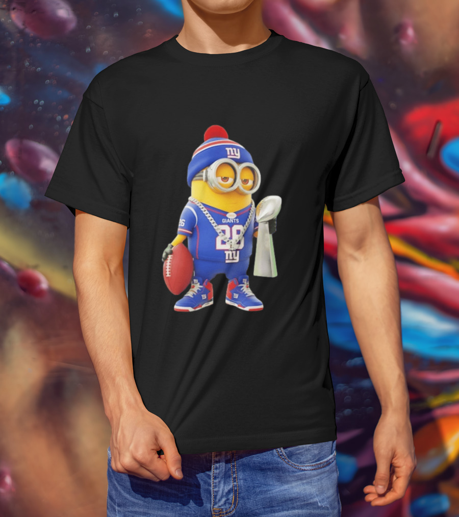 Minion In New York Giants Jersey With Football Trophy And Beanie T-Shirt