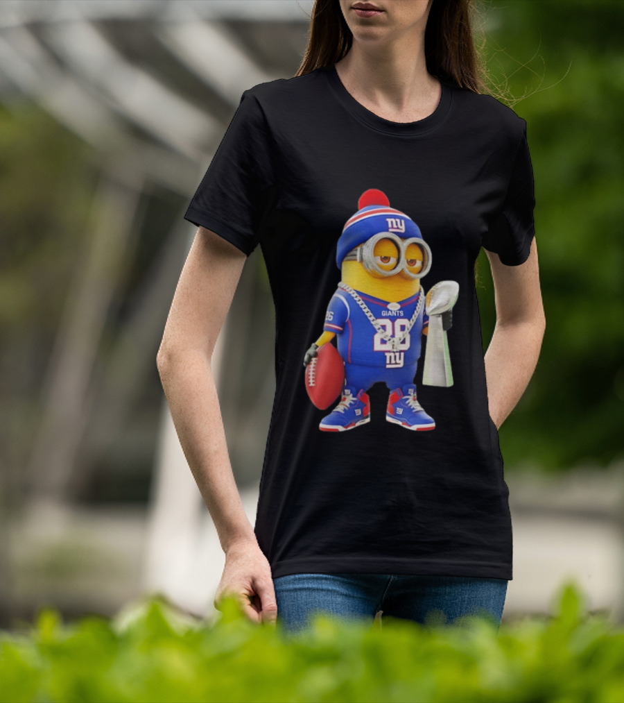 Minion In New York Giants Jersey With Football Trophy And Beanie T-Shirt