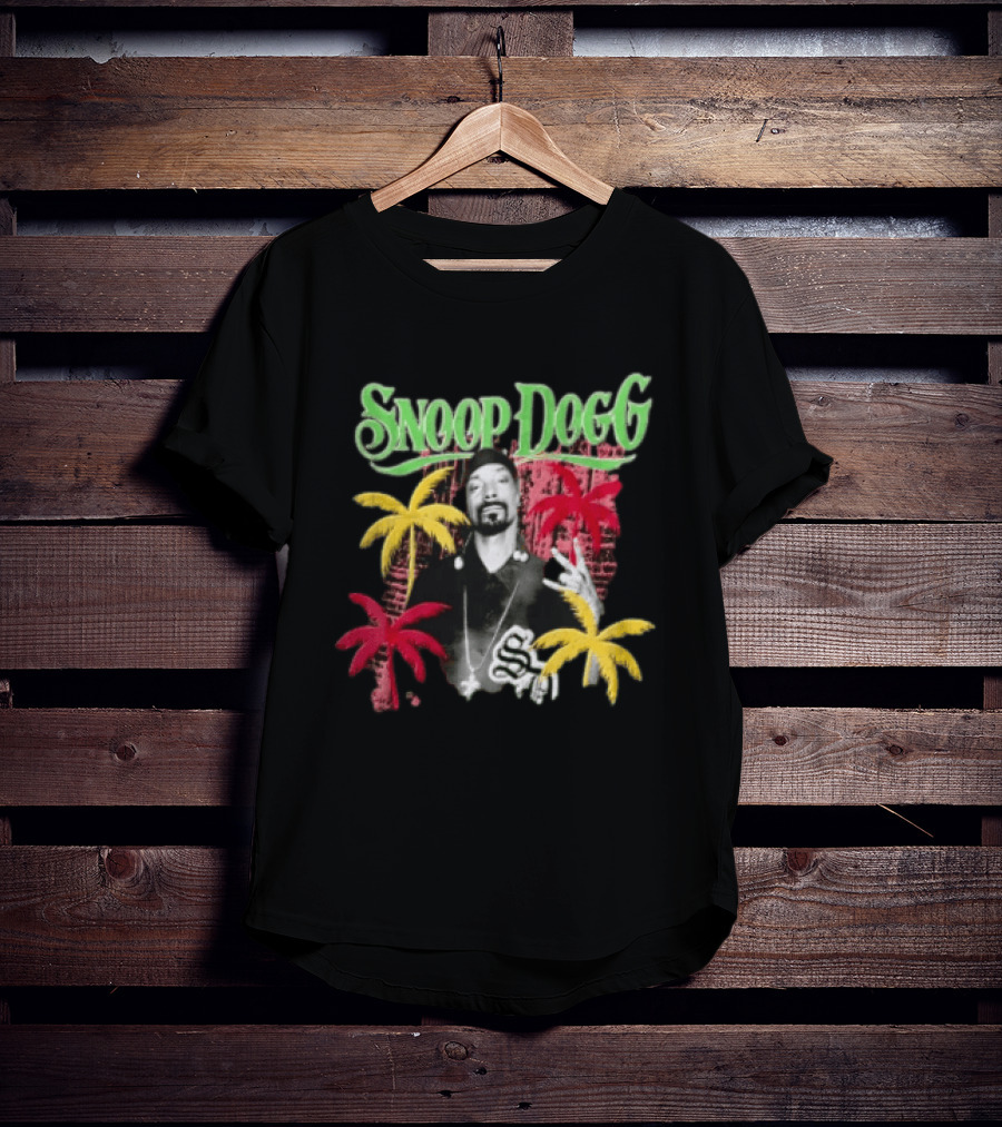 Snoop Dogg Palm Trees Gesture Black And White Portrait With Red And Yellow Palm Trees T-Shirt