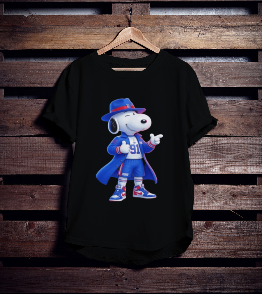 Snoopy New York Giants Football Player Cartoon Blue Coat And Hat T-Shirt