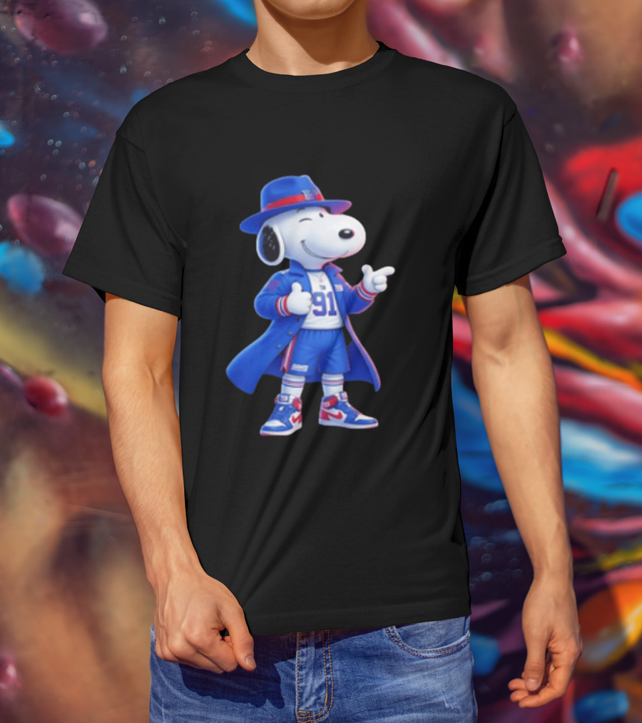 Snoopy New York Giants Football Player Cartoon Blue Coat And Hat T-Shirt