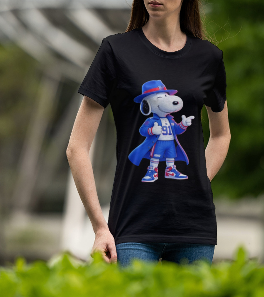 Snoopy New York Giants Football Player Cartoon Blue Coat And Hat T-Shirt