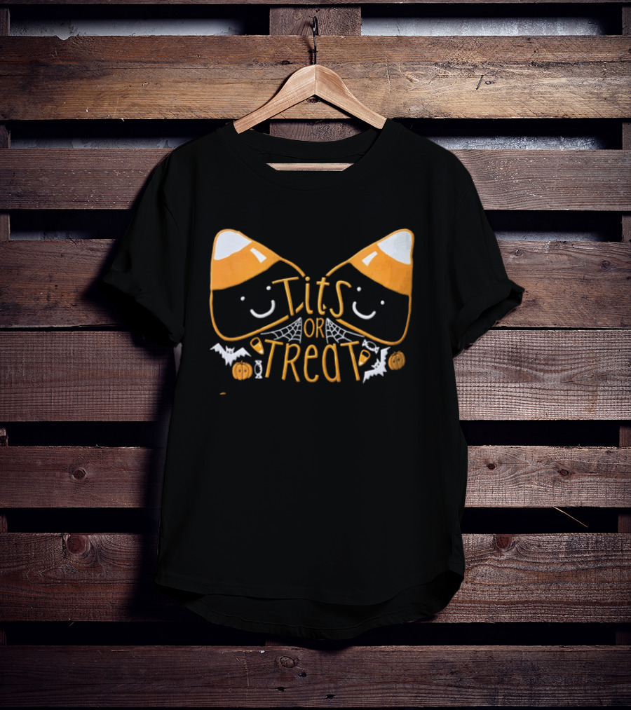 Halloween Candy Corn Faces Tits Or Treat With Spiders Webs Bats Pumpkins T-Shirt
