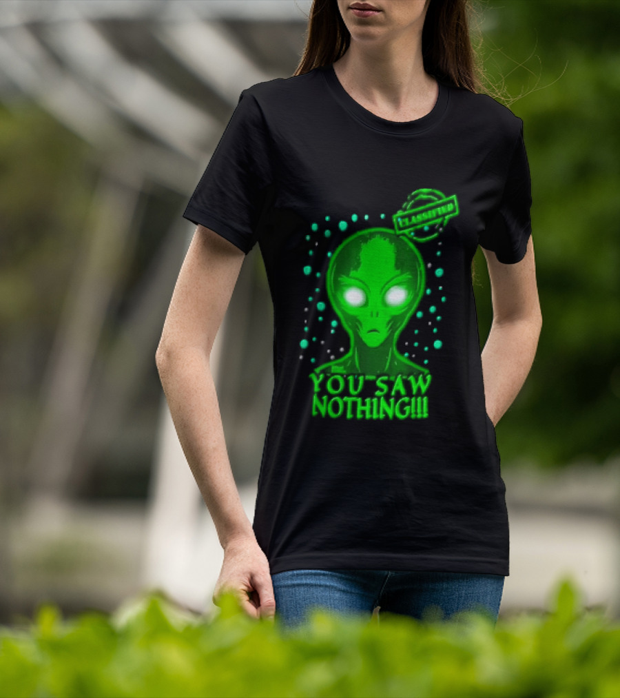 Green Alien You Saw Nothing Glowing Eyes UFO Dots T-Shirt