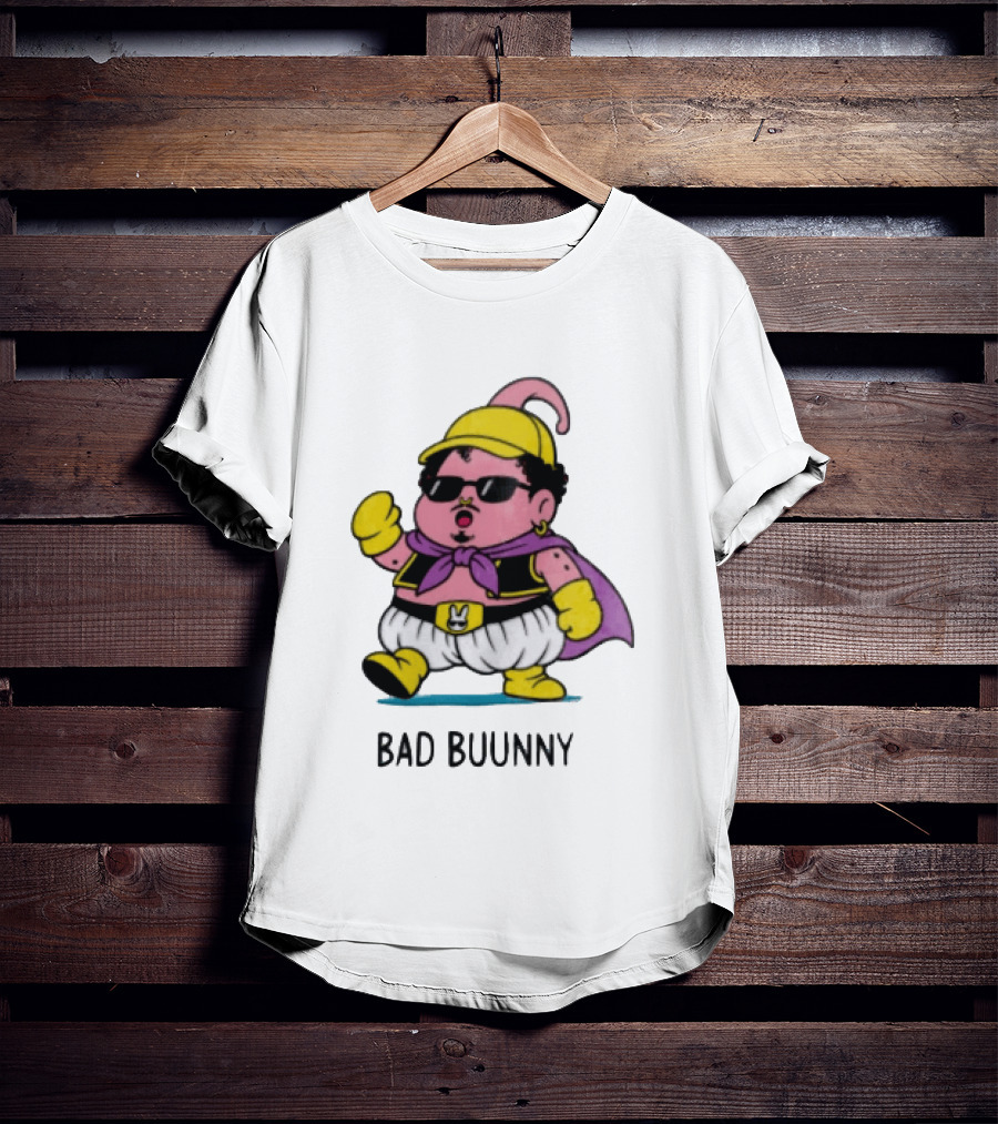 Bad Buunny Pink Majin Buu Sunglasses Yellow Hat Cape Cartoon T-Shirt