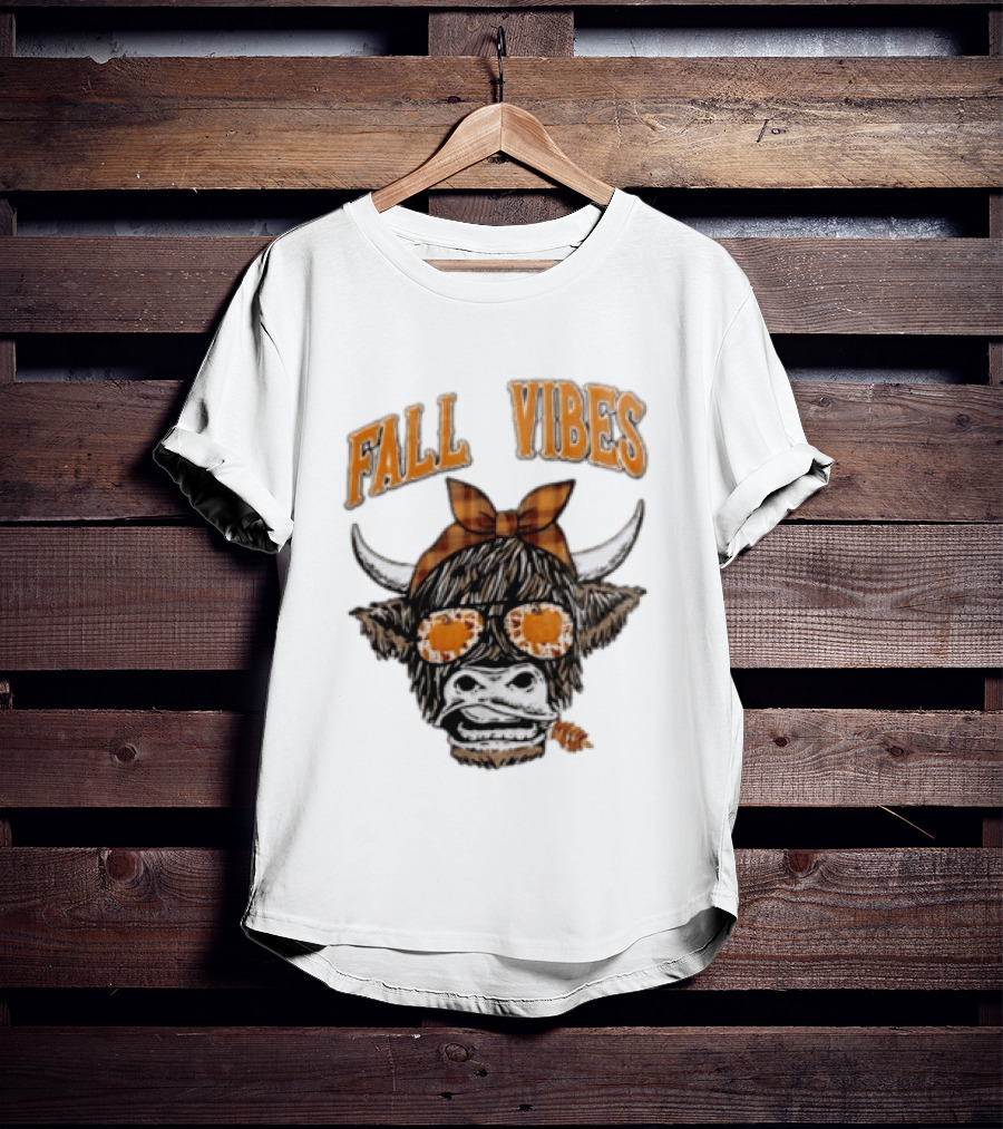 Fall Vibes Highland Cow Plaid Bow Sunglasses Pumpkins T-Shirt
