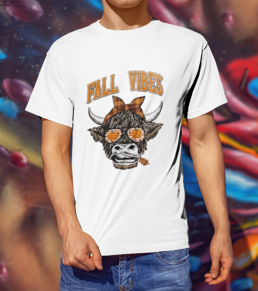 Fall Vibes Highland Cow Plaid Bow Sunglasses Pumpkins T-Shirt