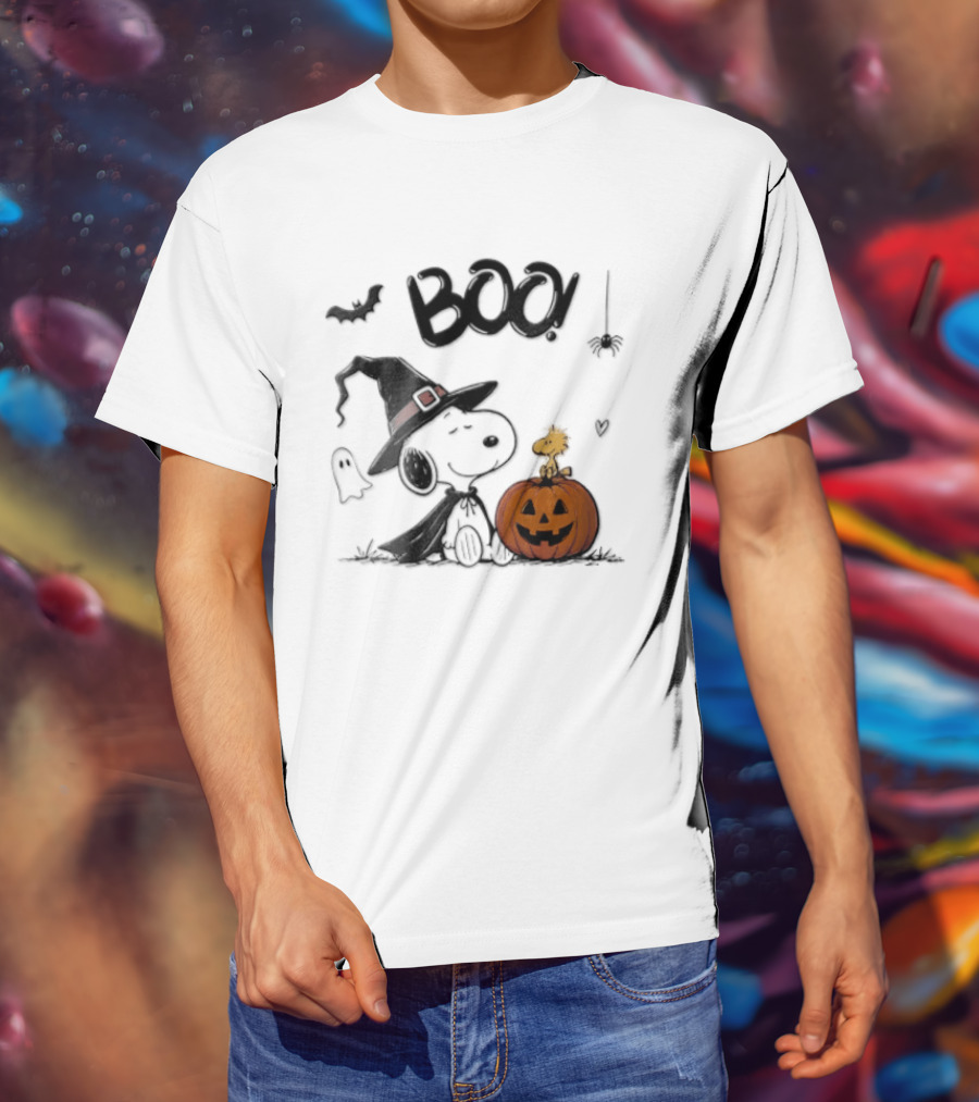Peanuts BOO Snoopy Witch Hat Woodstock Pumpkin Halloween T-Shirt