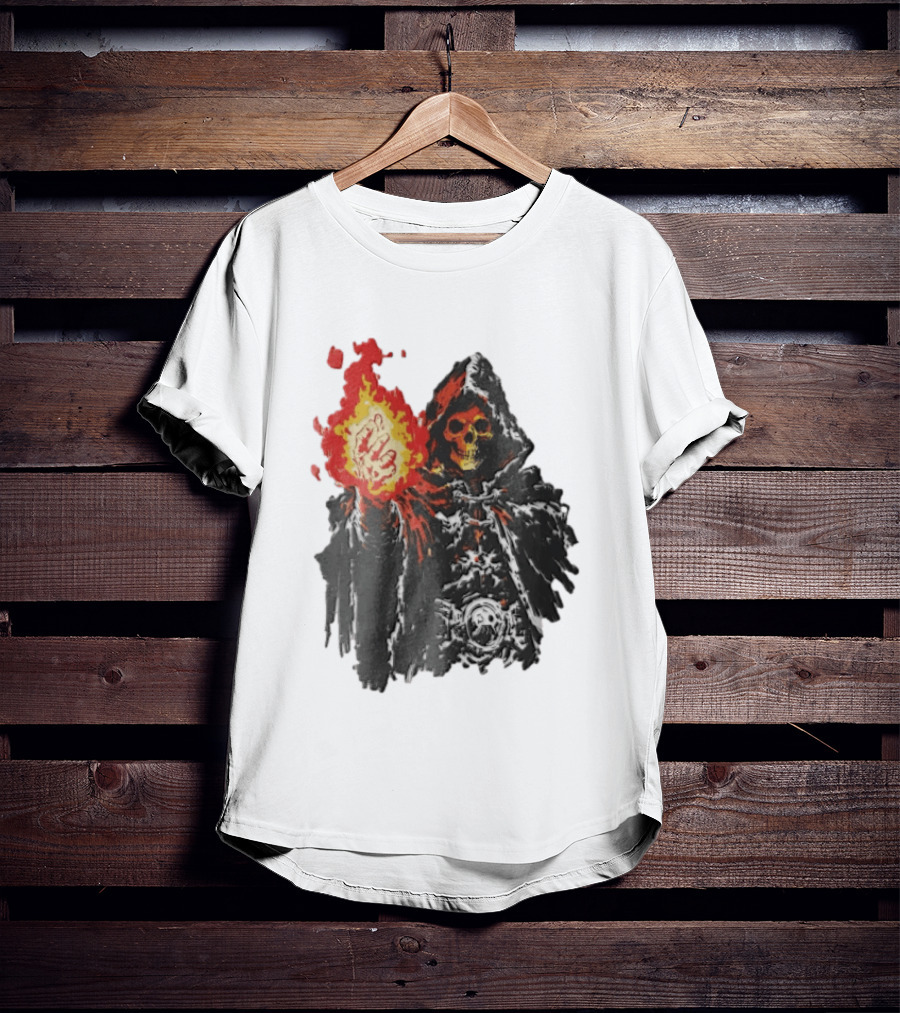 Skeleton Holding Fire Skeletor Hooded Cloak And Fiery Fist T-Shirt