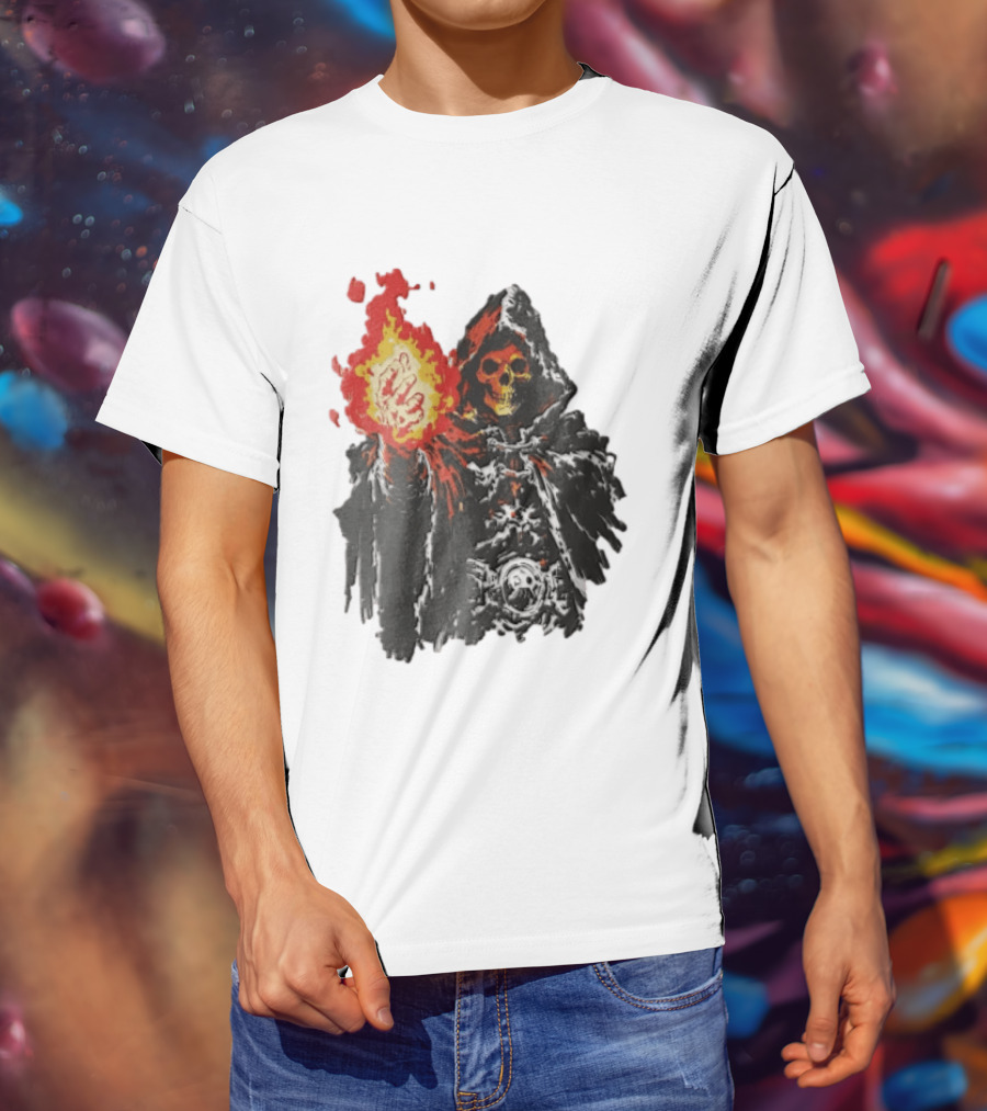 Skeleton Holding Fire Skeletor Hooded Cloak And Fiery Fist T-Shirt