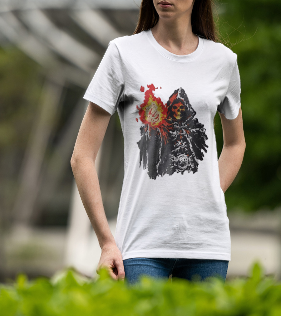 Skeleton Holding Fire Skeletor Hooded Cloak And Fiery Fist T-Shirt
