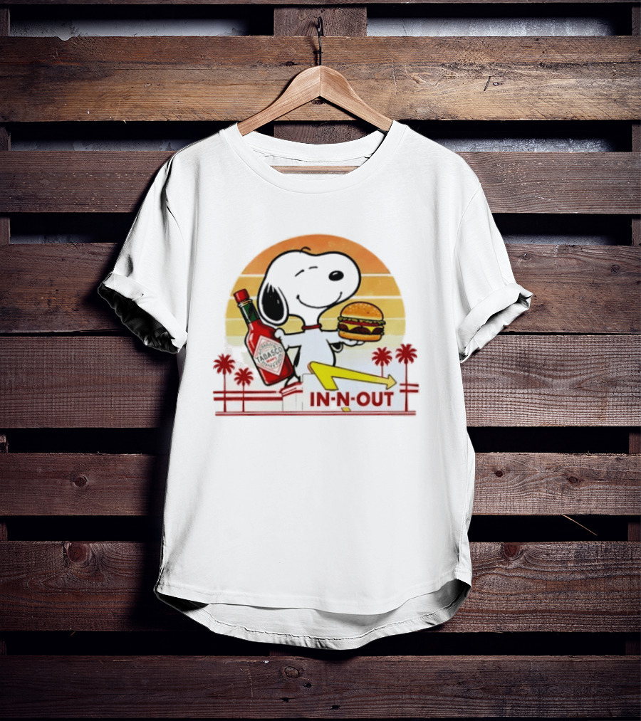 Snoopy Holding Tabasco Bottle And In N Out Burger Delightful Combination T-Shirt