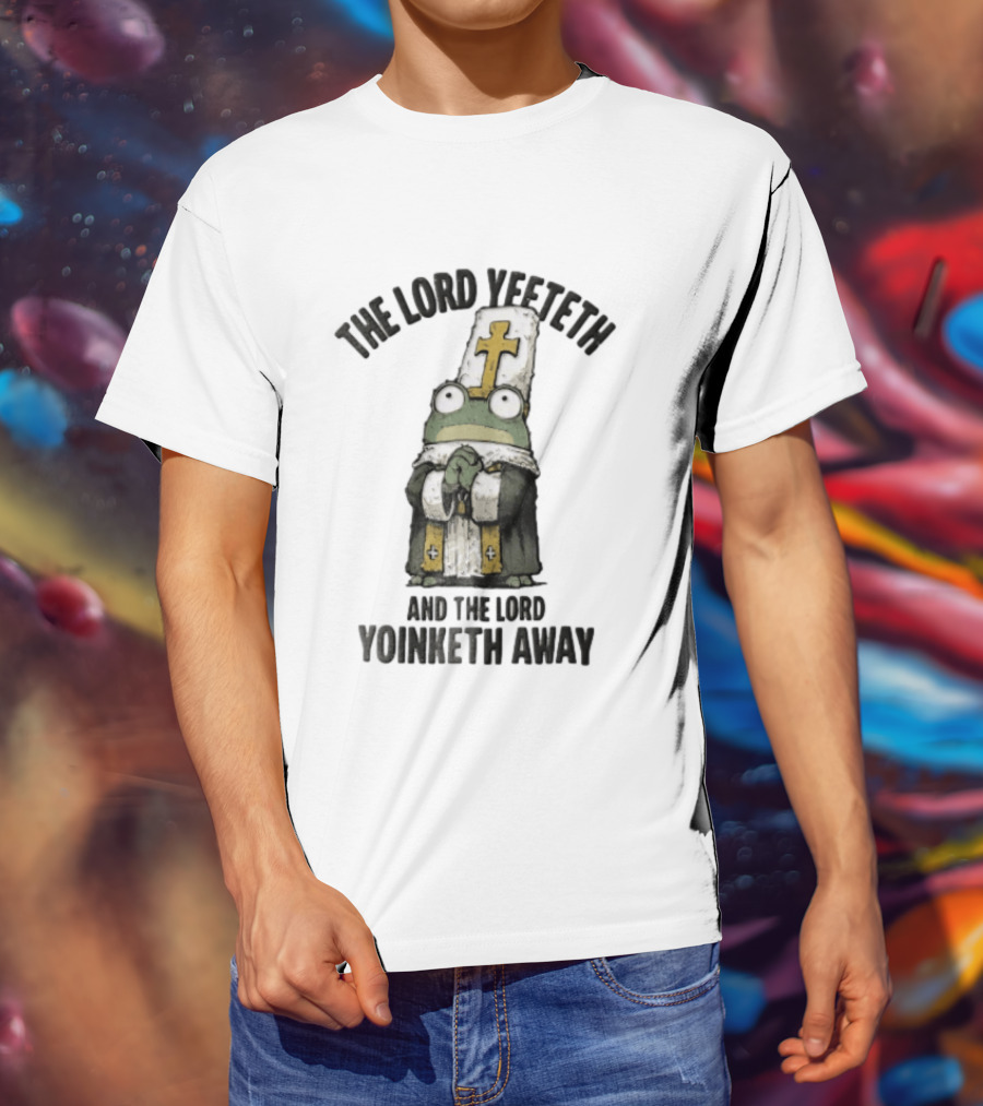 The Lord Yeeteth And The Lord Yoinketh Away Frog In Religious Vestments With Mitre Praying T-Shirt