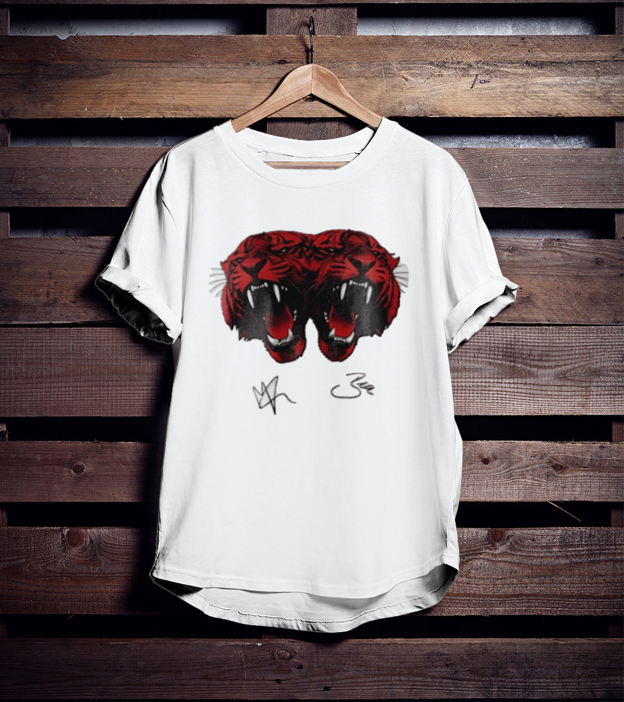 Tigers Heads Roaring Red Dual Fierce Animal T-Shirt