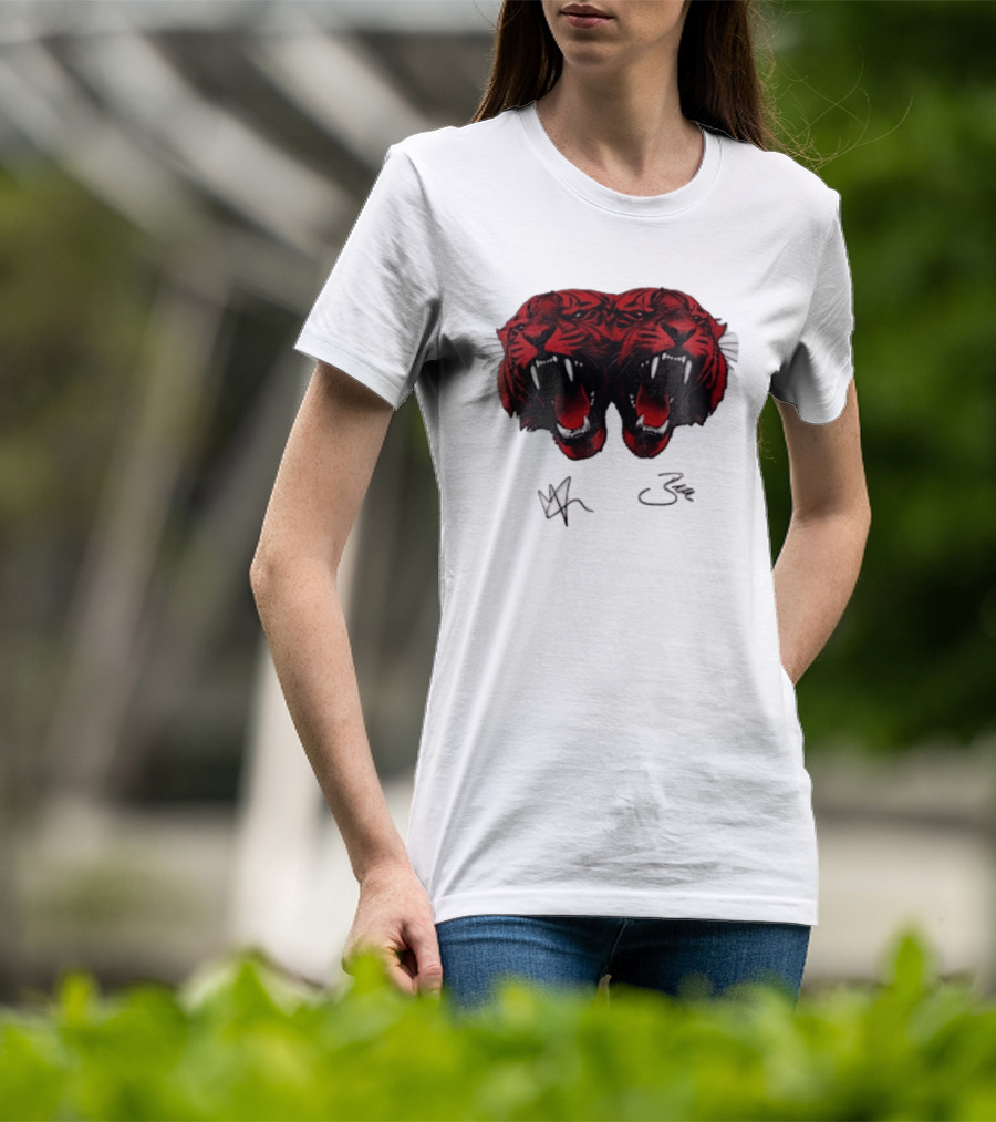 Tigers Heads Roaring Red Dual Fierce Animal T-Shirt