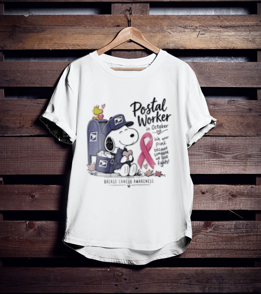 Postal Worker Snoopy And Woodstock With Pink Ribbon Supporting Fighters T-Shirt