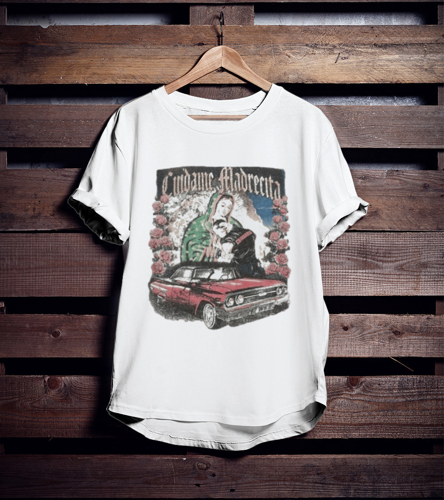Cuidame Madrecita Red Classic Car With Roses And Religious T-Shirt