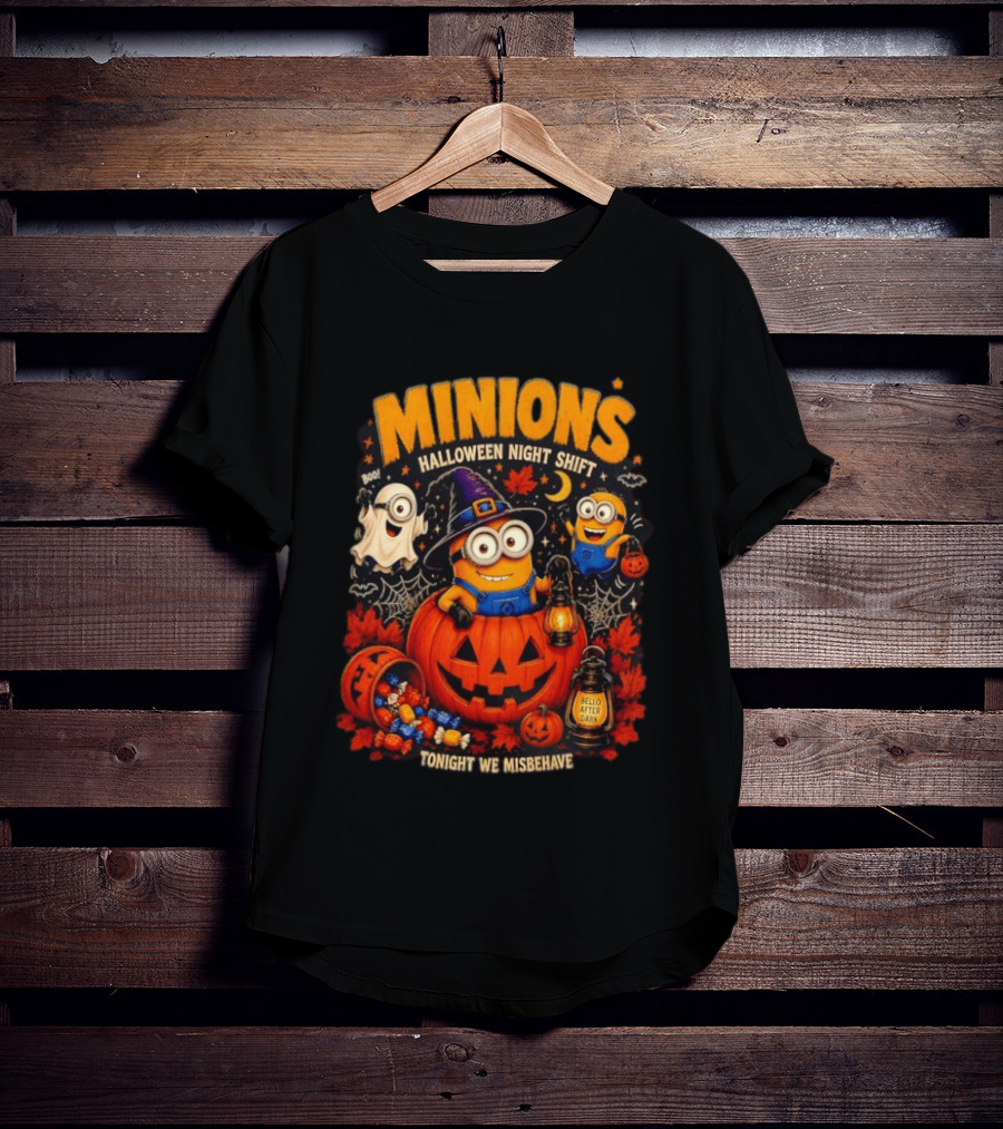 Minions Halloween Night Shift Bello After Dark Tonight We Misbehave Ghosts Pumpkins T-Shirt