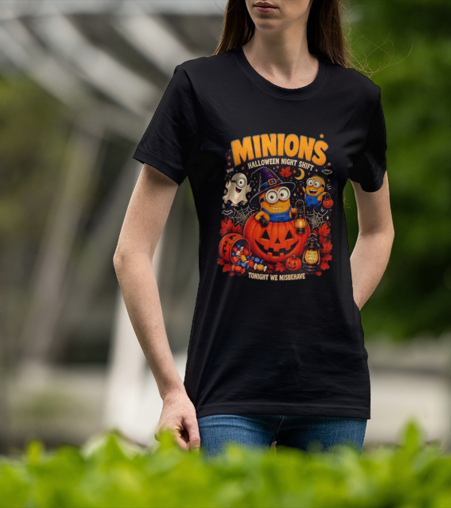 Minions Halloween Night Shift Bello After Dark Tonight We Misbehave Ghosts Pumpkins T-Shirt