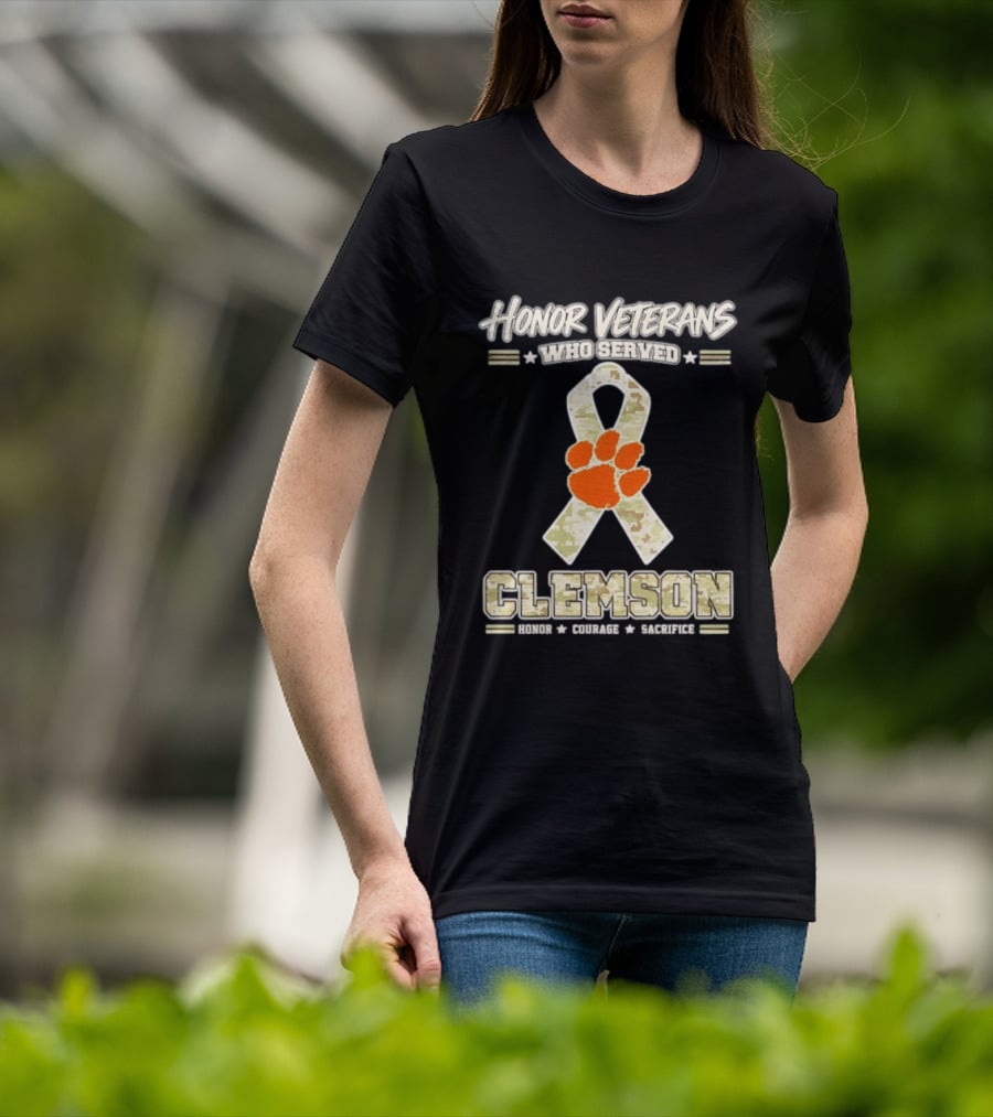 Honor Veterans Who Served Clemson Tigers Honor Courage Sacrifice Camouflage Ribbon T-Shirt
