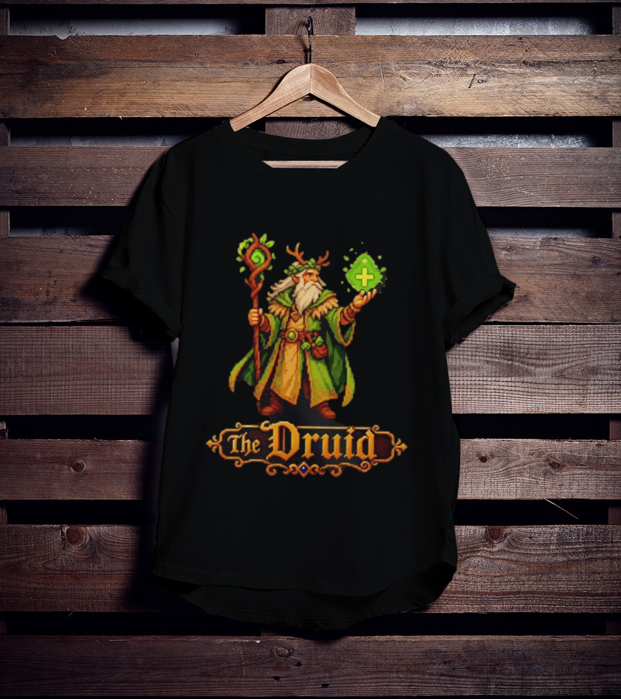 The Druid 16 Bit Game Cartoon Pixel Art Mage With Staff And Potion T-Shirt