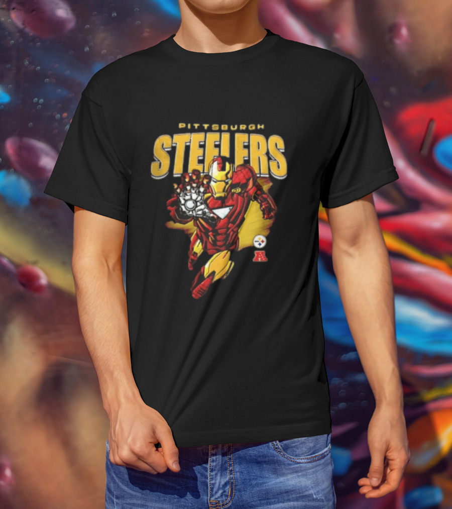 Pittsburgh Steelers Iron Man Flying Forward Graphic Suit Officially Licensed NFL Marvel Collaboration T-Shirt