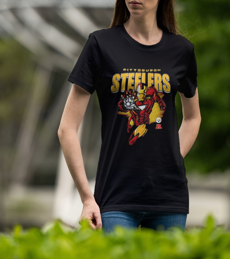 Pittsburgh Steelers Iron Man Flying Forward Graphic Suit Officially Licensed NFL Marvel Collaboration T-Shirt