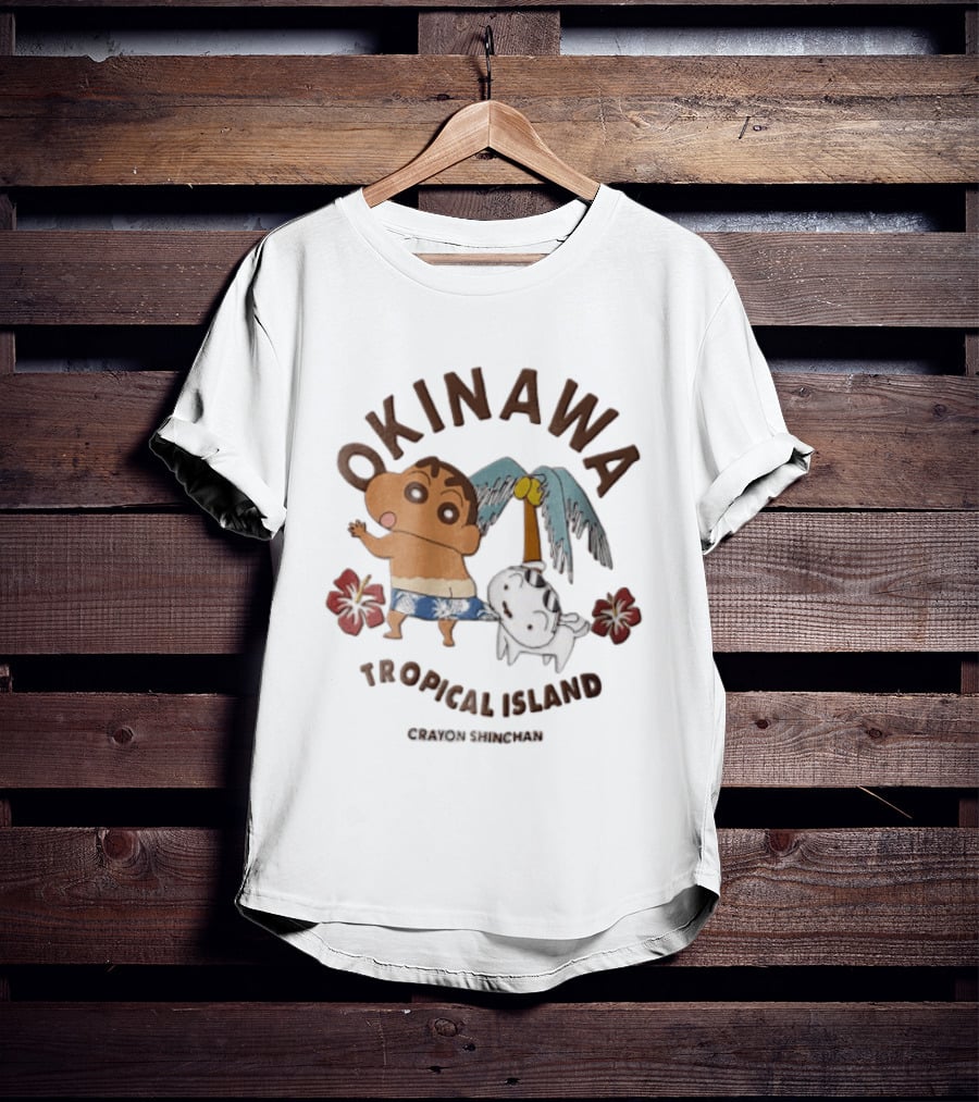 Okinawa Tropical Island Crayon Shin Chan Shinnosuke Nohara Shiro Palm Tree Hibiscus T-Shirt