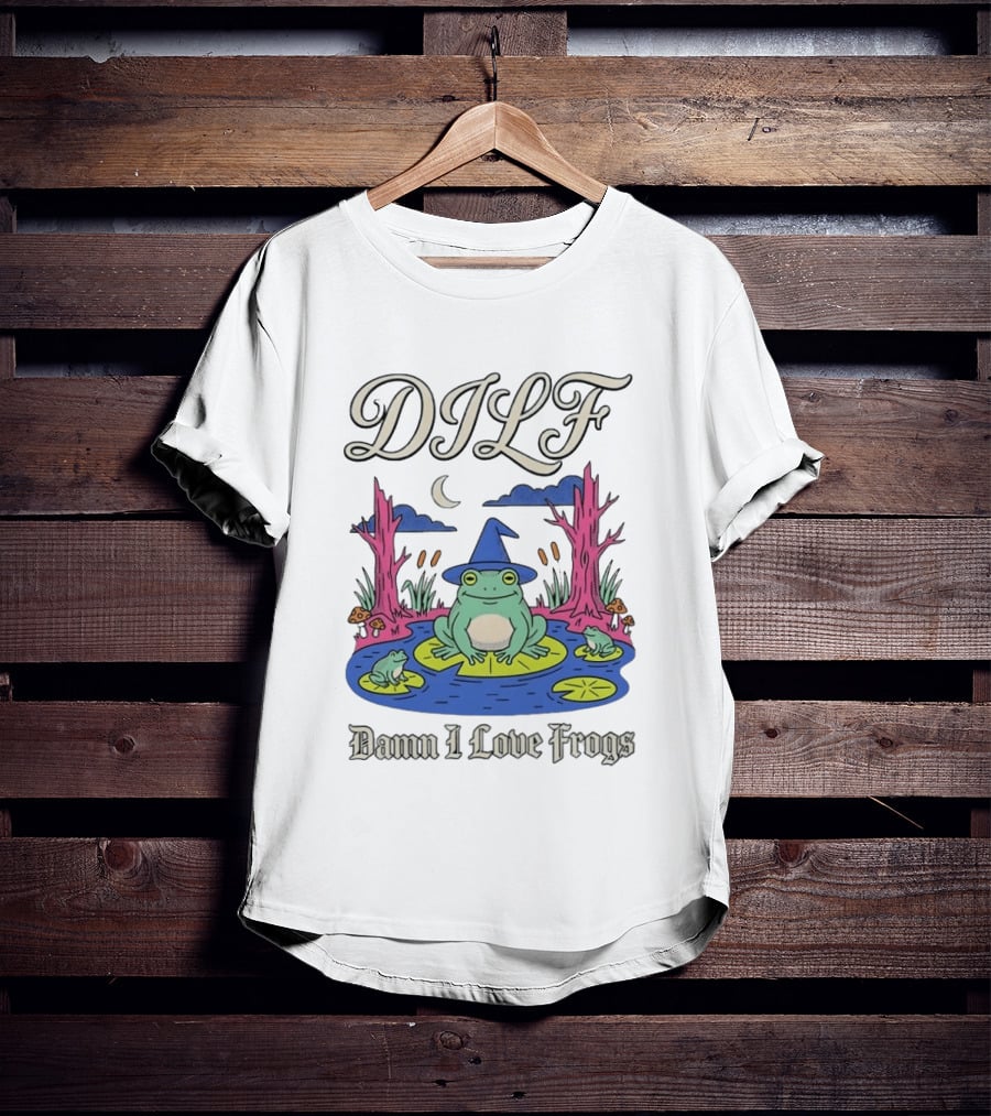 DILF Damn I Love Frogs Cartoon Frog In Pond With Wizard Hat T-Shirt