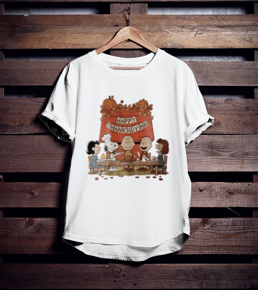 Peanuts Charlie Brown Snoopy Woodstock Lucy Linus Happy Thanksgiving Holiday Celebration T-Shirt